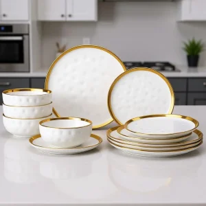 12-Piece Porcelain White & Gold Dinnerware Set,